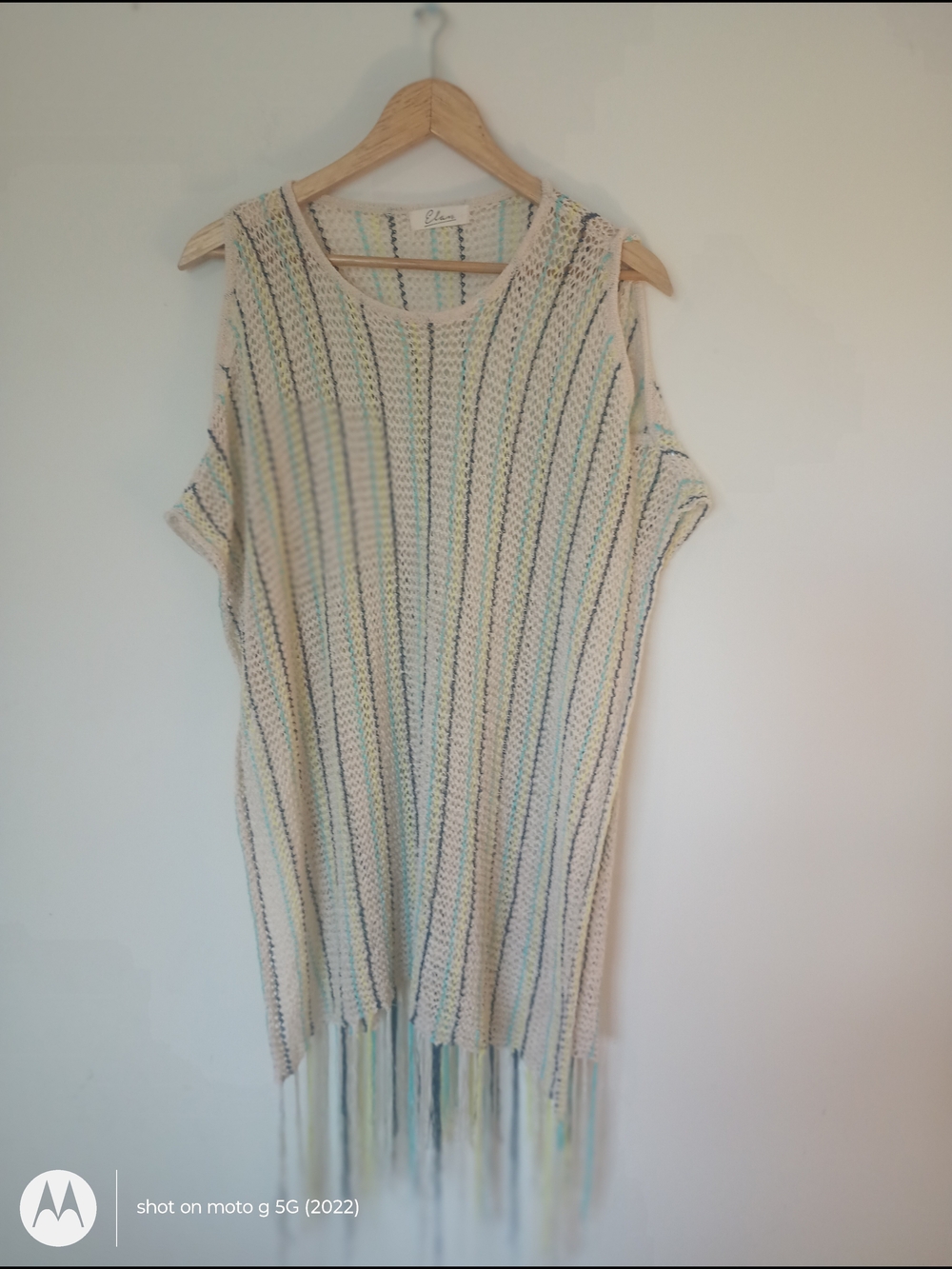 Elan Tan Knit Fringe Swim Coverup with Pastel Stripes OS